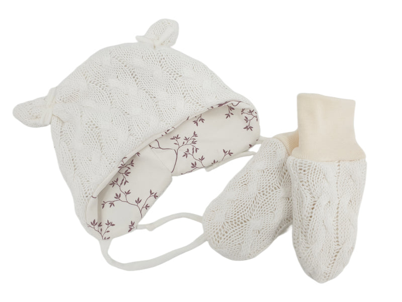 Beanie Set Mütze gefüttert mit Bänder und Handschuhe  Zopfstrick von Atelier MiaMia