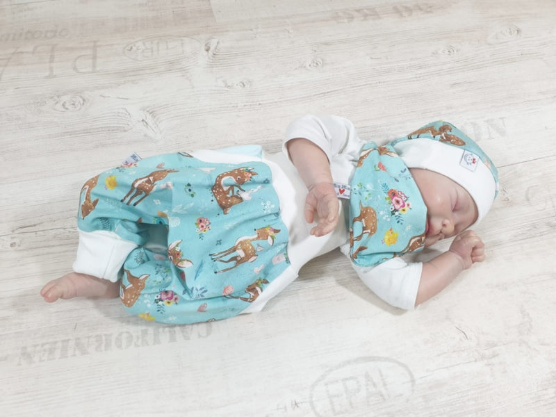 Coole Pumphose oder Babyset kurz und lang Rehe Aqua Creme 19 von Atelier MiaMia