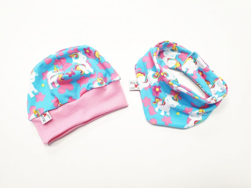 Beanie Set Mütze und Tuch Baby Einhorn Blau Rosa Nr. 232 von Atelier MiaMia