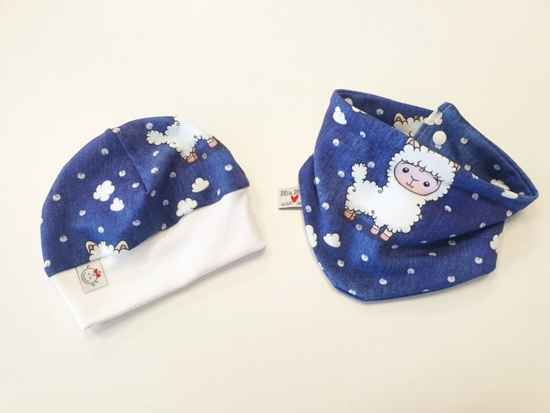 Beanie Set Mütze und Tuch Baby Schafe blau Nr. 251 von Atelier MiaMia