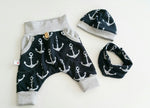 Atelier MiaMia Cool bloomers or baby set short and long black and white anchor 55