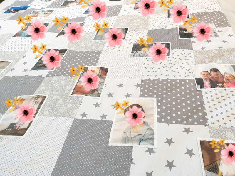 Atelier MiaMia coperta coccolosa come foto coperta fantasia fiori tessuti grigio chiaro con foto 6
