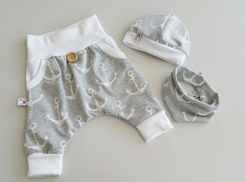 Atelier MiaMia Cool bloomers or baby set short and long Grau Weisse Anker 73