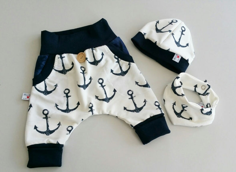 Coole Pumphose oder Babyset kurz und lang großer Anker weiß blau 77 von Atelier MiaMia