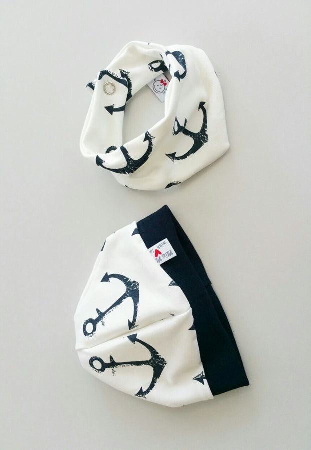 Beanie Set Mütze und Tuch Baby Anker groß Schwarz Nr. 97 von Atelier MiaMia