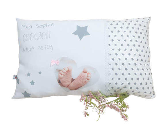 Atelier MiaMia birth pillow - name pillow with embroidery and panel or photo