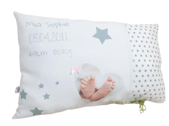 Cuscino nascita Atelier MiaMia - cuscino con nome con ricamo e pannello o foto