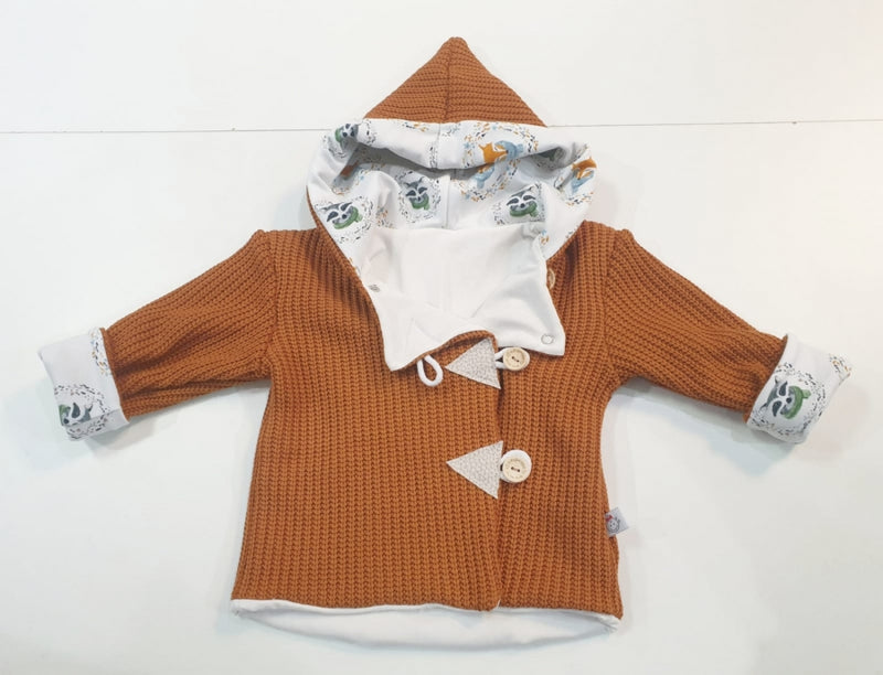 Atelier MiaMia - hooded jacket baby child size 50-140 coarse knit jacket limited !! Chunky knit raccoons foxes rusty brown J19