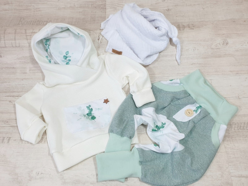 Atelier MiaMia - Hoodie baby child from 44-122 short or long sleeve waffle jersey eucalyptus