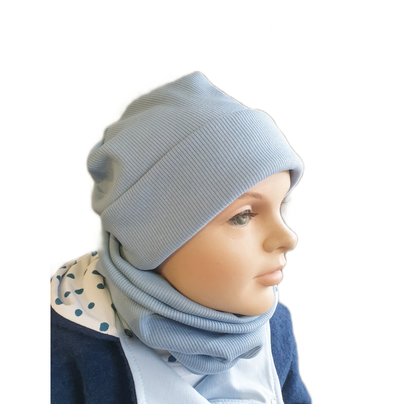 Wendebeanie Set Mütze und Loop Rippenjersey blau von Atelier MiaMia