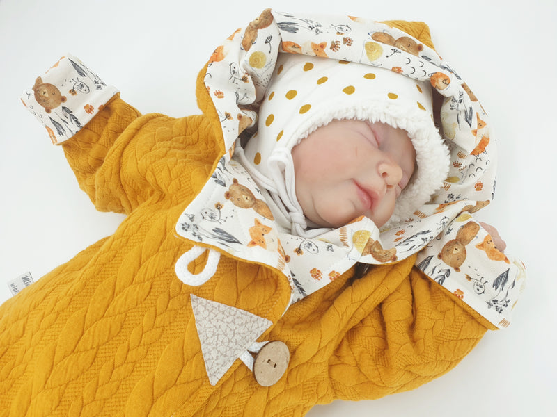 Atelier MiaMia - giacca con cappuccio bambino bambino taglia 50-140 giacca a trecce limitata !! animali della foresta giallo senape