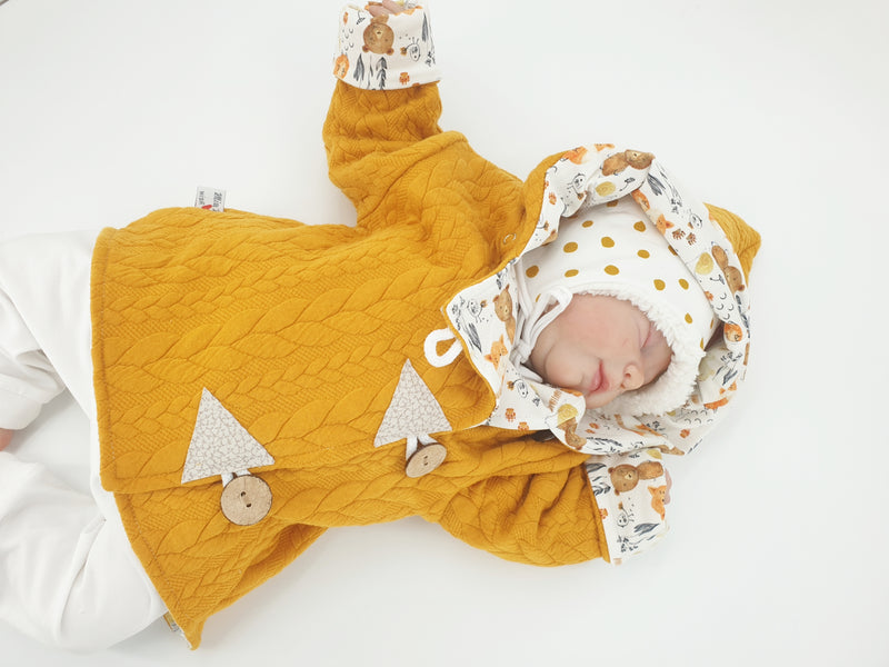 Atelier MiaMia - giacca con cappuccio bambino bambino taglia 50-140 giacca a trecce limitata !! animali della foresta giallo senape