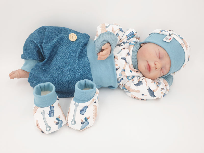 Coole Pumphose oder Babyset Jeans aqua mit Knopf von Atelier MiaMia