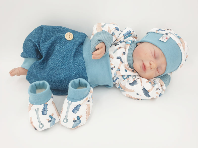 Coole Pumphose oder Babyset Jeans aqua mit Knopf von Atelier MiaMia