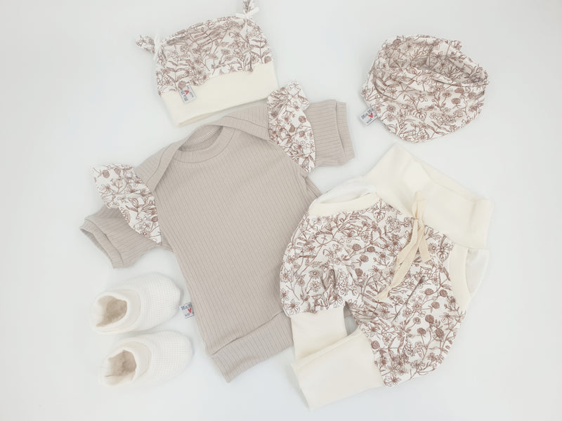 Atelier MiaMia - Hoodie sweater baby child from 50-140 short or long sleeve rib beige flowers