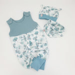 Strampler kurz und lang auch als Baby Set Blätter aqua von Atelier MiaMia