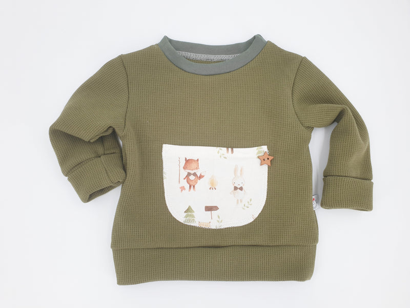 Atelier MiaMia - felpa con cappuccio maglione waffle jersey ulivo foresta animali natura bambino bambino da 44-140 maniche corte o lunghe designer limitato !!