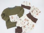 Hoodie Pullover Waffeljersey olive Waldtiere Natur Baby Kind ab 44-140 kurz oder langarm  Designer Limitiert !! von Atelier MiaMia