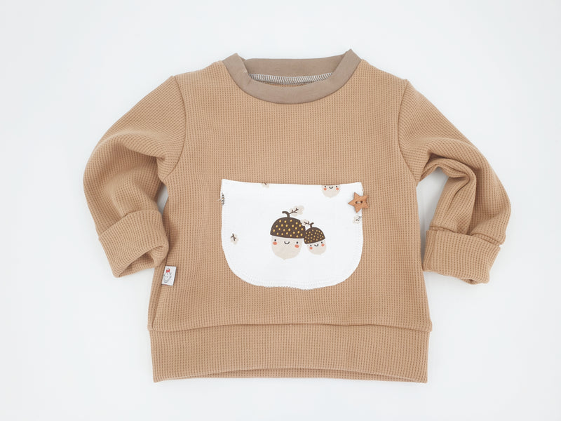 Atelier MiaMia - felpa con cappuccio pullover jersey waffle beige ghiande bambino bambino da 44-140 maniche corte o lunghe designer limitato !!