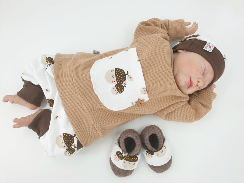 Atelier MiaMia - hoodie pullover waffle jersey beige acorns baby child from 44-140 short or long-sleeved designer limited !!