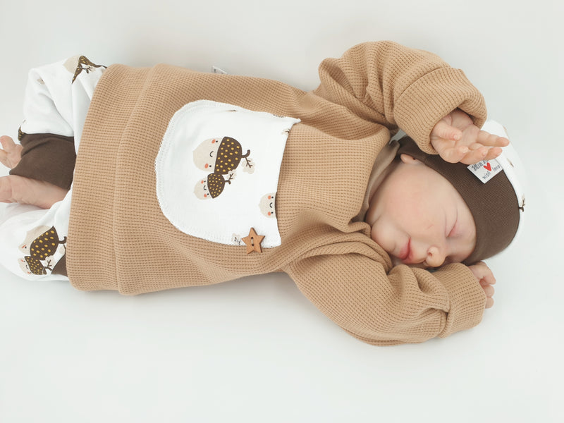 Atelier MiaMia - felpa con cappuccio pullover jersey waffle beige ghiande bambino bambino da 44-140 maniche corte o lunghe designer limitato !!