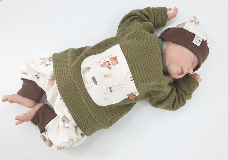 Hoodie Pullover Waffeljersey olive Waldtiere Natur Baby Kind ab 44-140 kurz oder langarm  Designer Limitiert !! von Atelier MiaMia