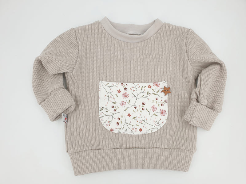 Hoodie Pullover Baumwollstrick beige Blümchen Baby Kind ab 44-140 kurz oder langarm  Designer Limitiert !! von Atelier MiaMia