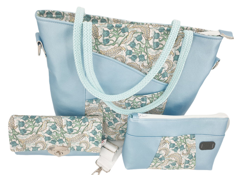 Handtasche einzeln oder im Set mit Geldbörse und Kosmetiktasche blau metallic von Atelier MiaMia