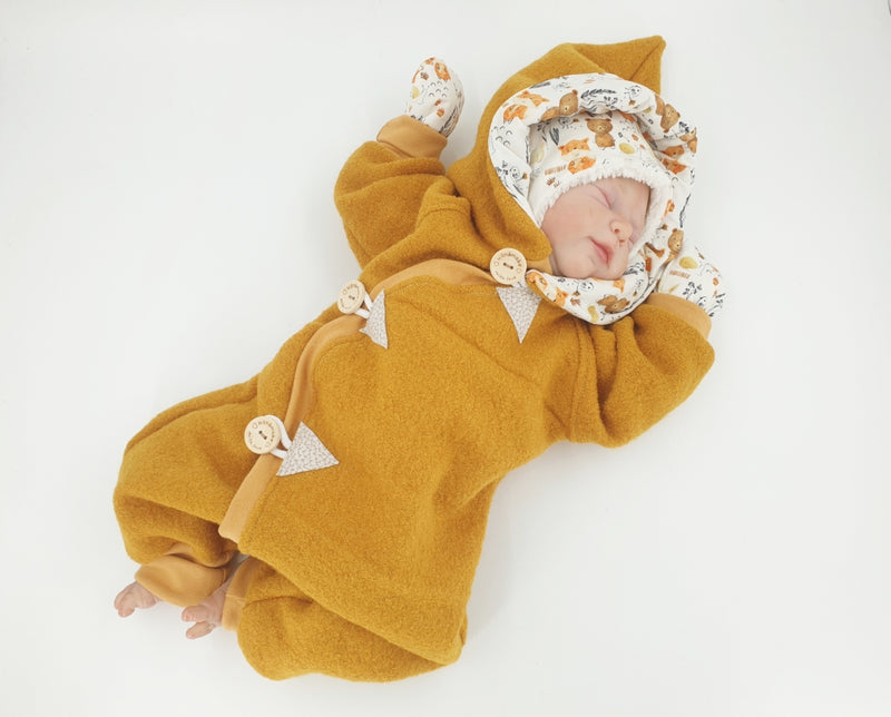 Walk - Overall Baby Kind von 50 bis 110 Designer Waldtiere Senfgelb Gelb Walkoverall Walk W21 von Atelier MiaMia