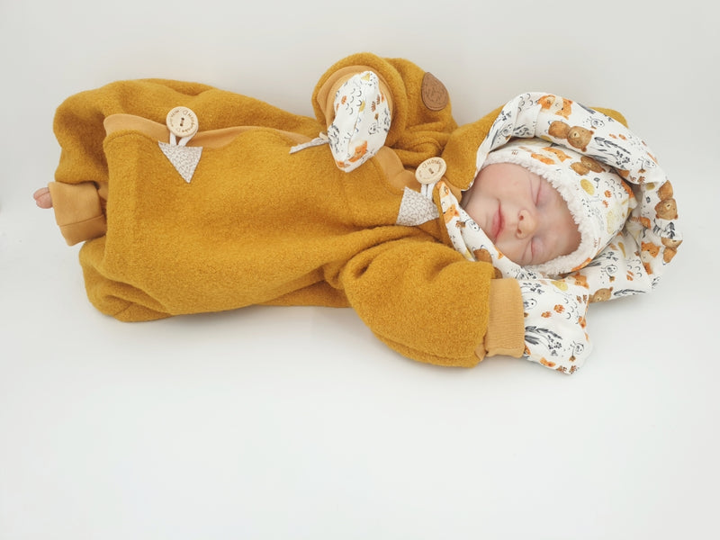 Walk - Overall Baby Kind von 50 bis 110 Designer Waldtiere Senfgelb Gelb Walkoverall Walk W21 von Atelier MiaMia