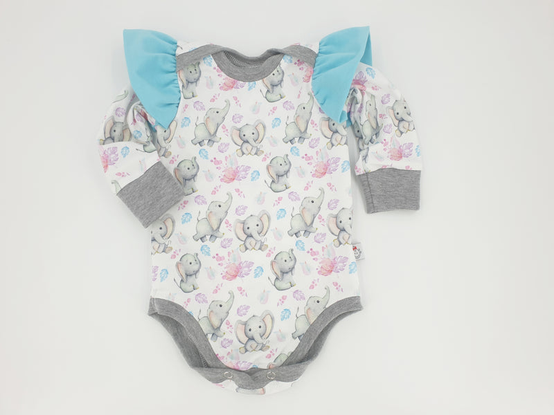 Body kurz und lang ärmlig auch als Baby Set Elefanten Blau Rüschen 29 von Atelier MiaMia