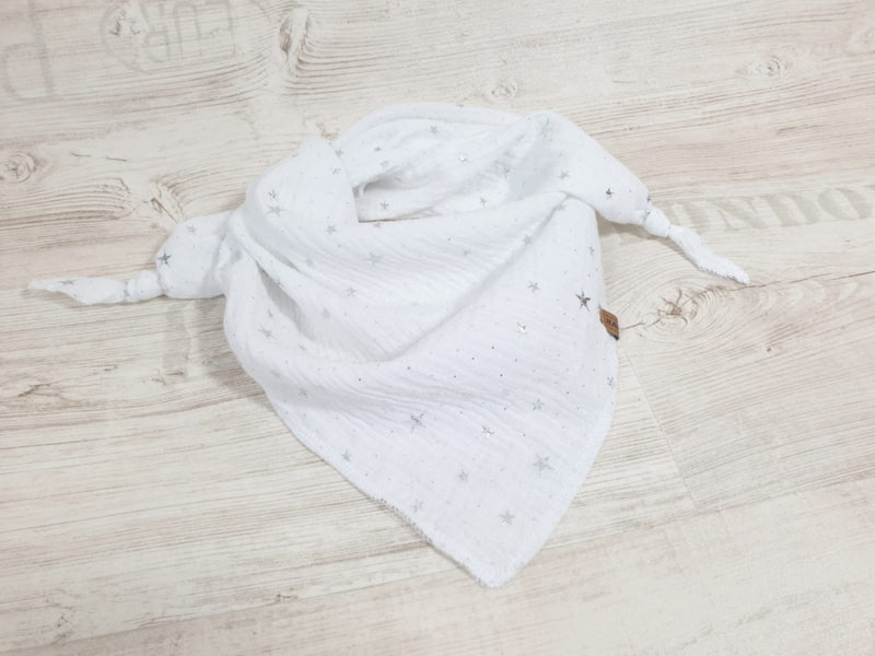 Atelier MiaMia - foulard in mussola sciarpa triangolare bianco grigio stelle // 15