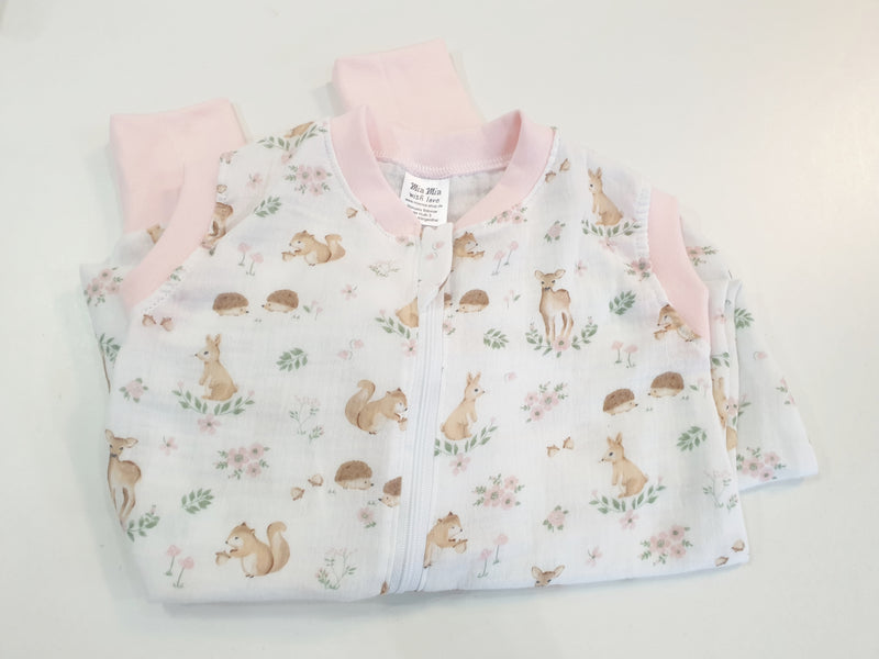 Atelier MiaMia *Mutzelpumper* sleeping bag with feet, size. 50-104 Forest Animals Pink